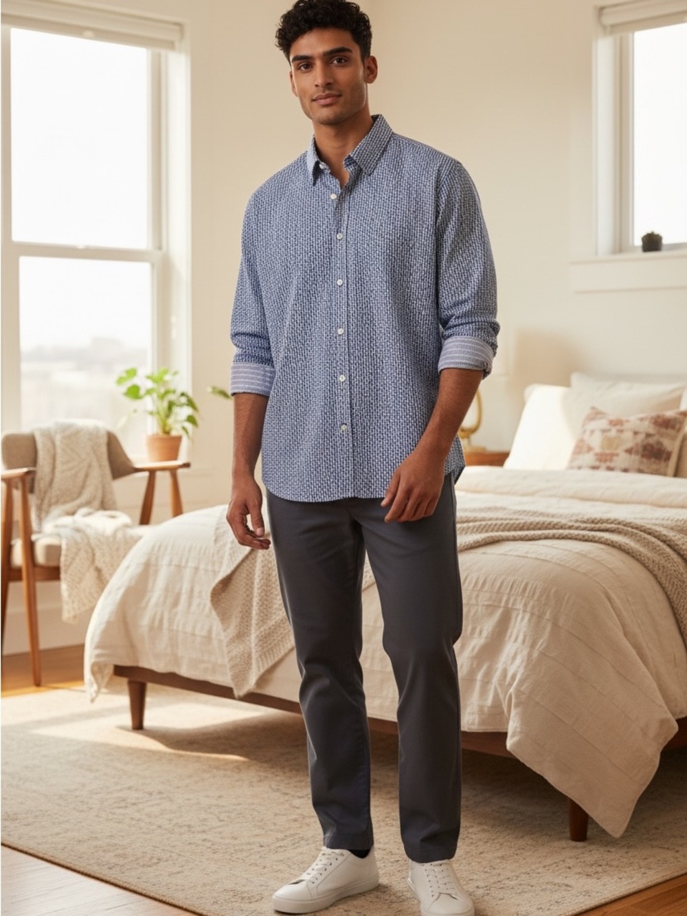 Pronto Uomo Men’s Geometric Button Down Shirt Blue White L